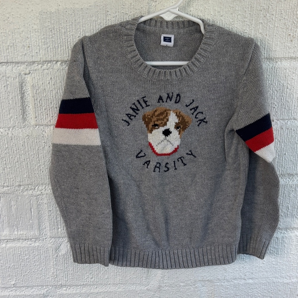 Janie and Jack Knit Dog Gray Crewneck Boys Kids Sweater sz 4